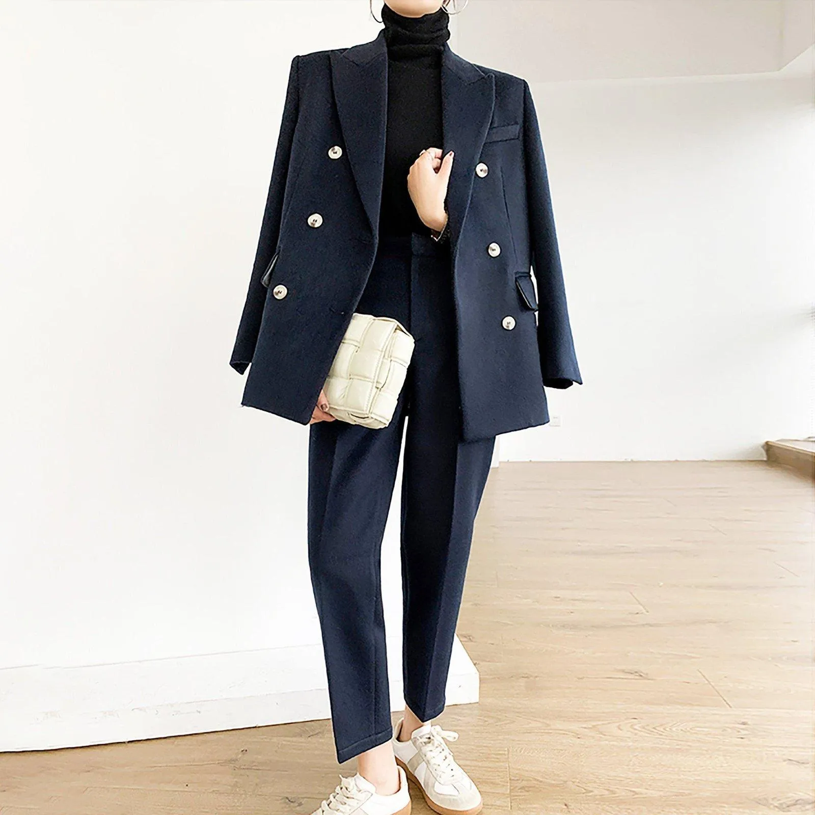 Wool Blend Double Breasted Blazer & Cropped Pants Set