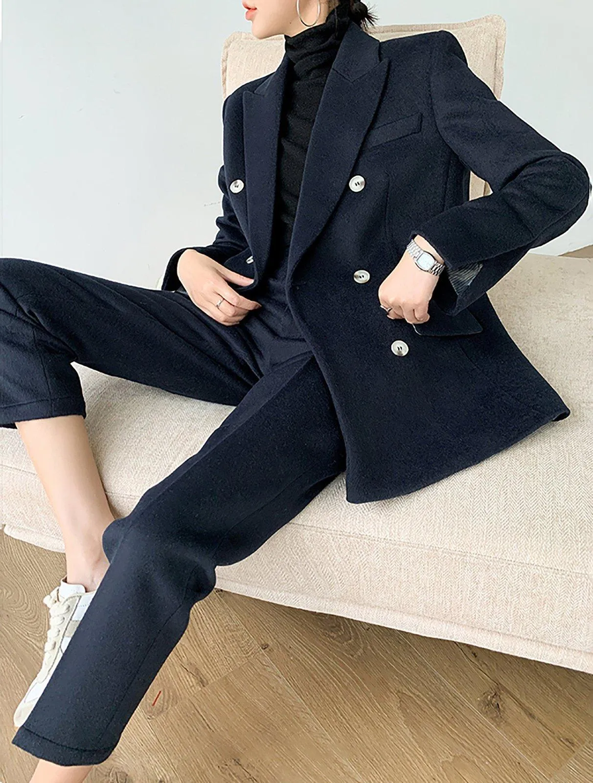 Wool Blend Double Breasted Blazer & Cropped Pants Set