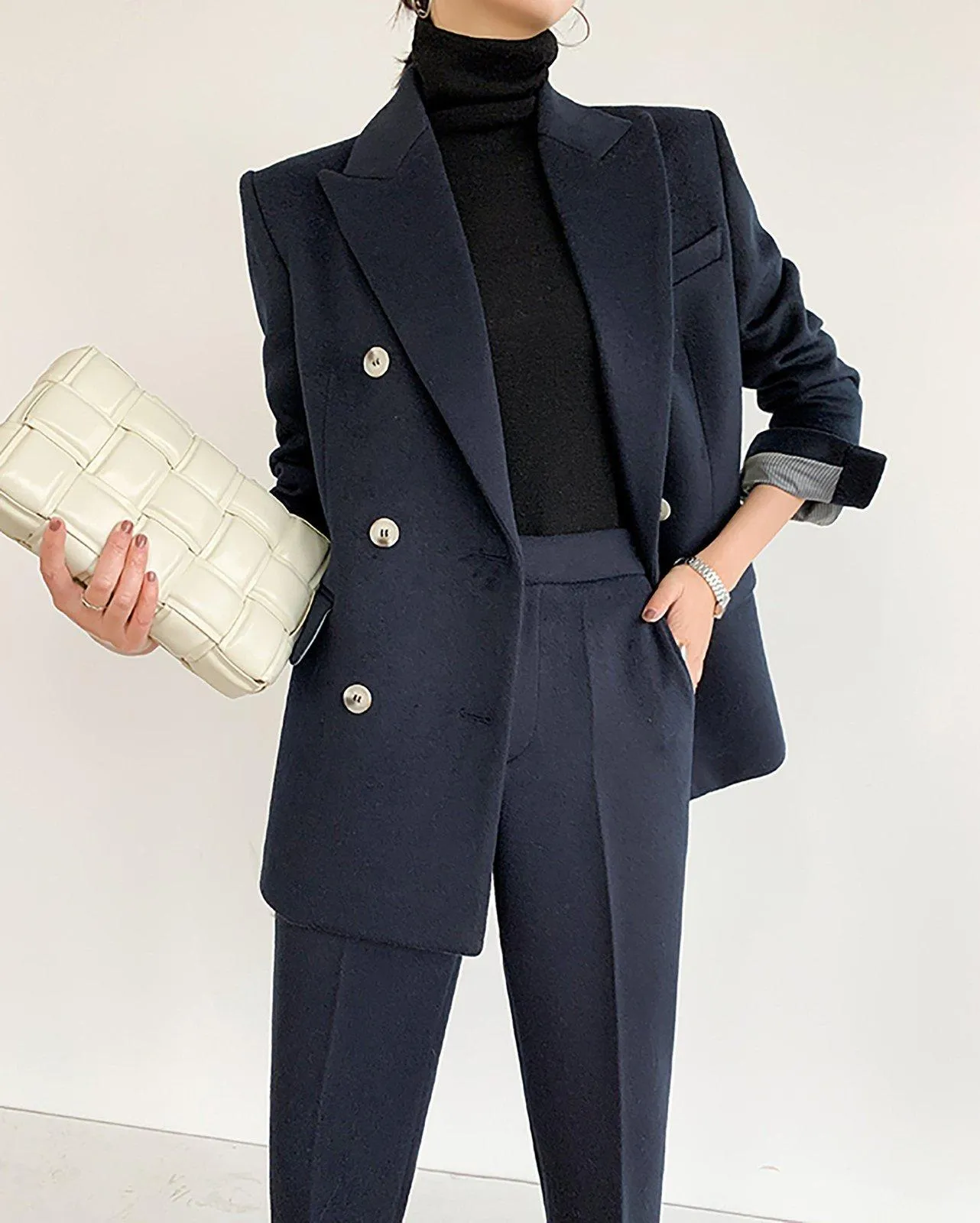 Wool Blend Double Breasted Blazer & Cropped Pants Set